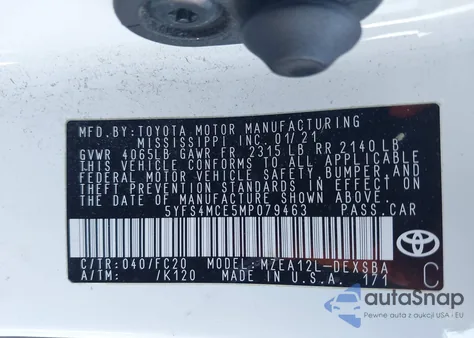 2021 Toyota Corolla Se from USA, damaged, VIN 5YFS4MCE5MP079463